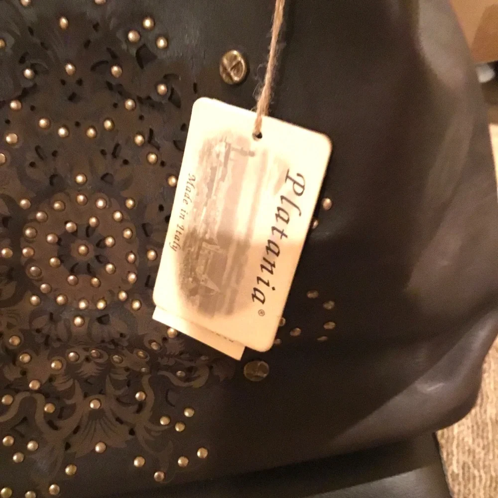🆕 Platania Brown Italian Leather Large Satchel Slouchy Bag  Stud Details